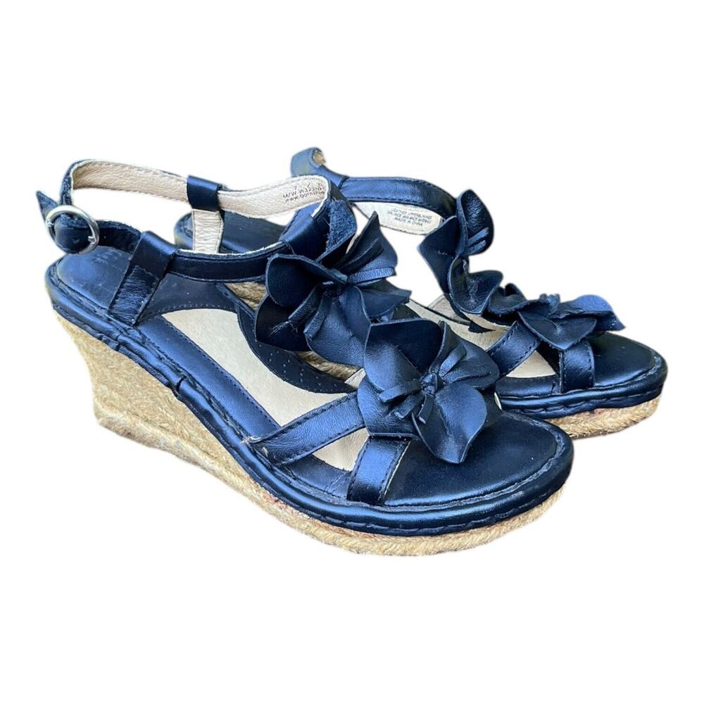 Born Womens Black Leather Flower Strap Espadrille Wedge Sandal‎ Size 7 EUC